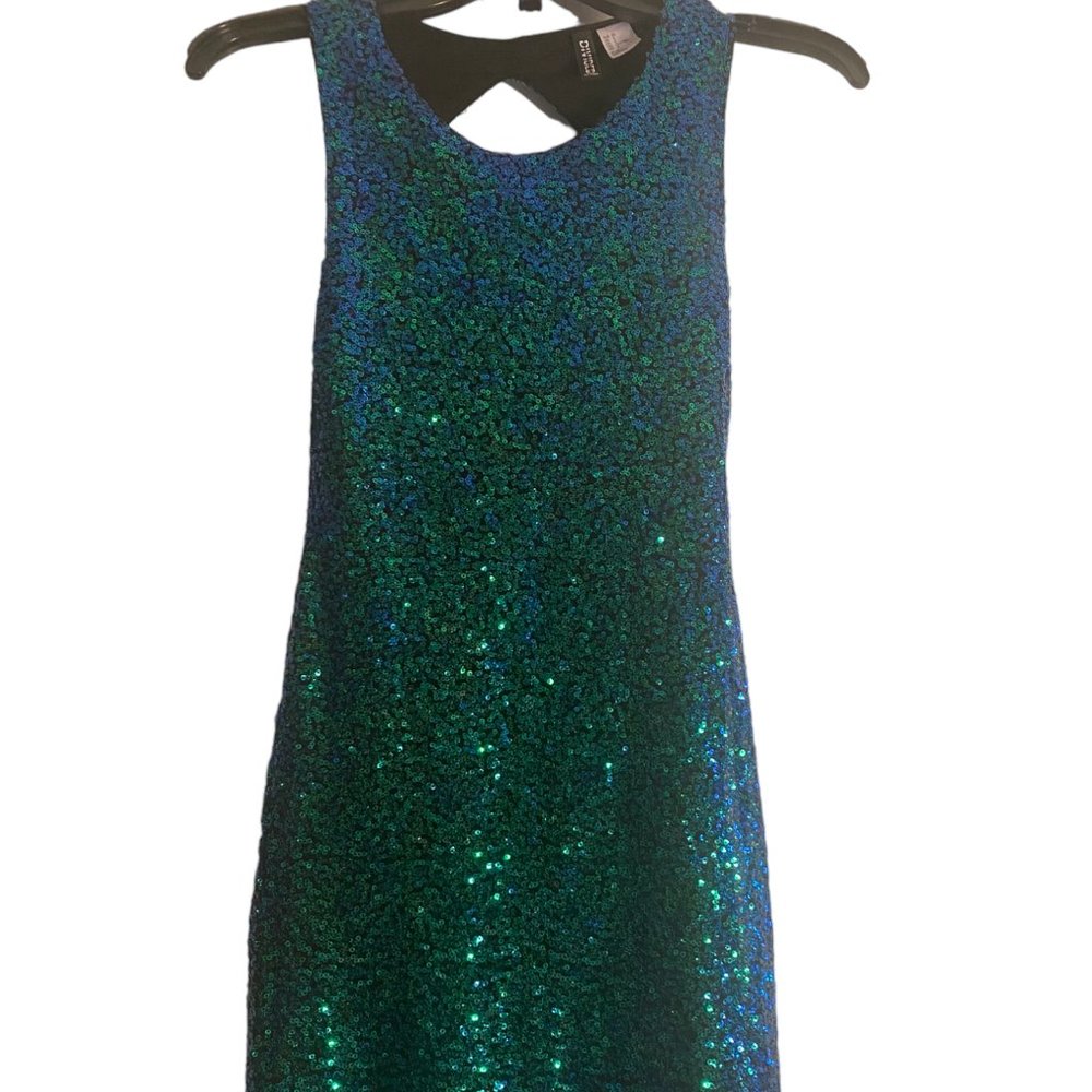 H&M Divided blue/ green metallic sequins bodycon mini Prom Party‎ dress sz 2 - Picture 2 of 12